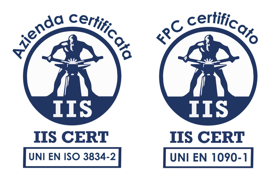 Badge certificazioni IIS CERT: UNI EN ISO 3834-2 e UNI EN 1090