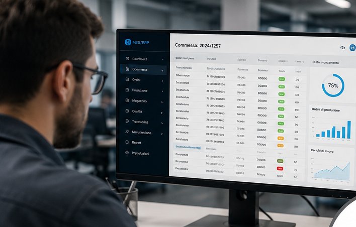 Operatore che consulta la dashboard MES/ERP con stato di avanzamento della commessa