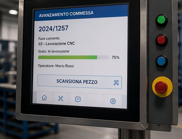 Pannello di controllo CNC con avanzamento della commessa in tempo reale